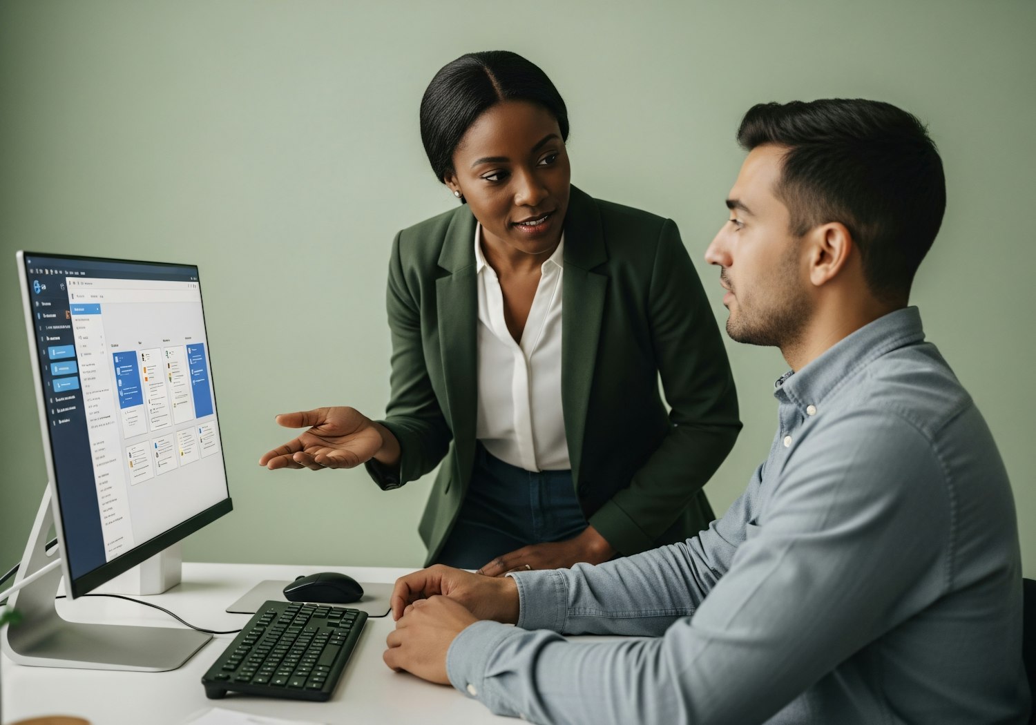 A sales professional demonstrating the features and benefits of a digital portal to a client, showcasing available options and real-time information.
