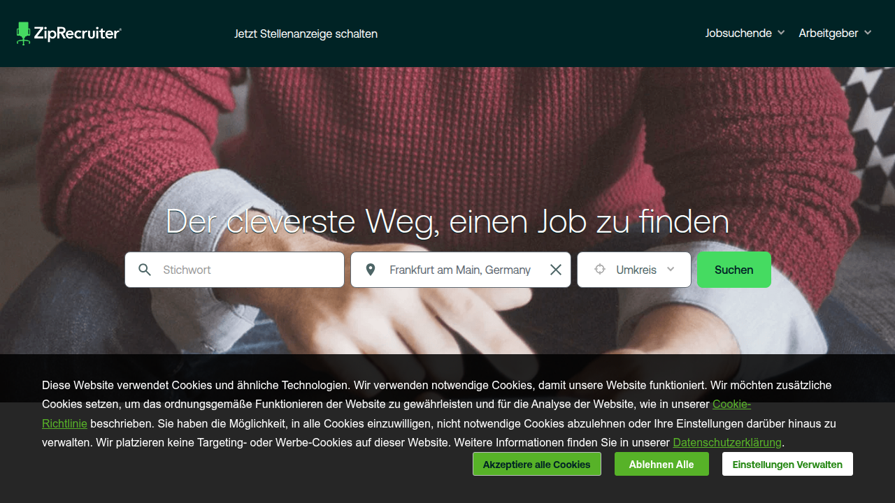 The homepage of ZipRecruiter, a leading job platform known for its extensive job listings and AI-powered matching system that connects job seekers with opportunities.