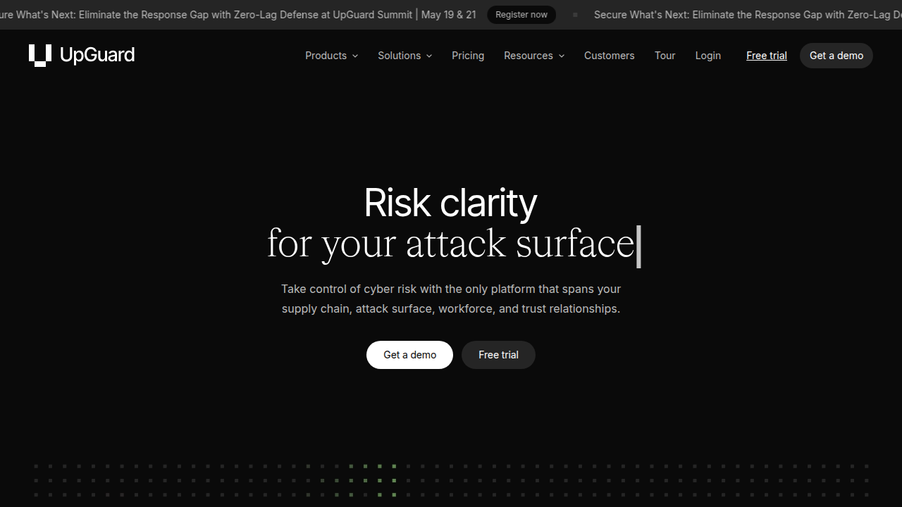 The UpGuard homepage, a resource for businesses seeking to prevent data breaches and enhance their overall cybersecurity posture.