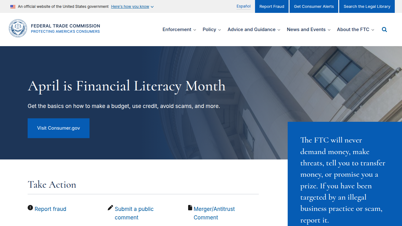 The homepage of the Federal Trade Commission (FTC), which provides guidelines and resources for businesses on data breach reporting and consumer protection.