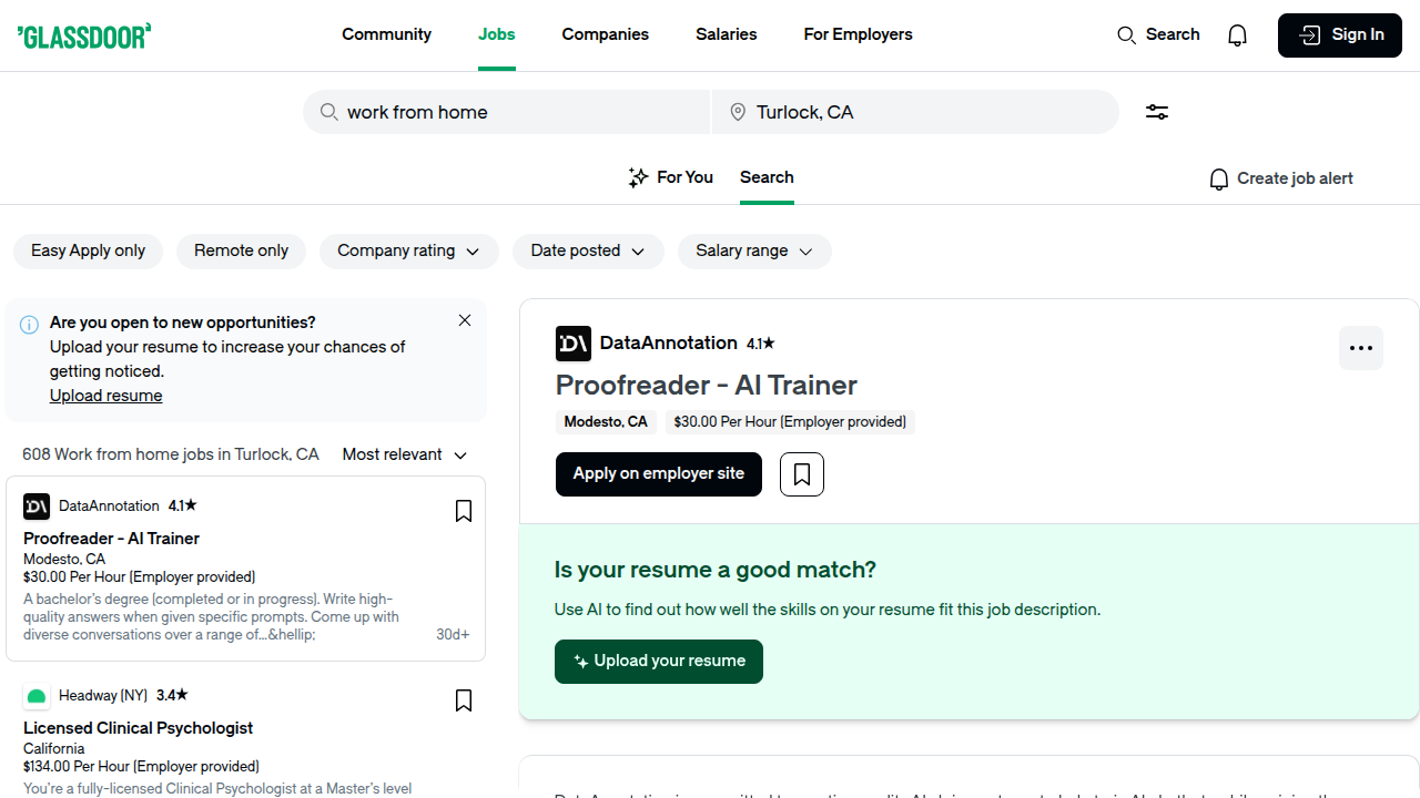 A screenshot of Glassdoor's search results page for 'Turlock work from home jobs,' displaying numerous remote job listings available in the area, as mentioned in the article.