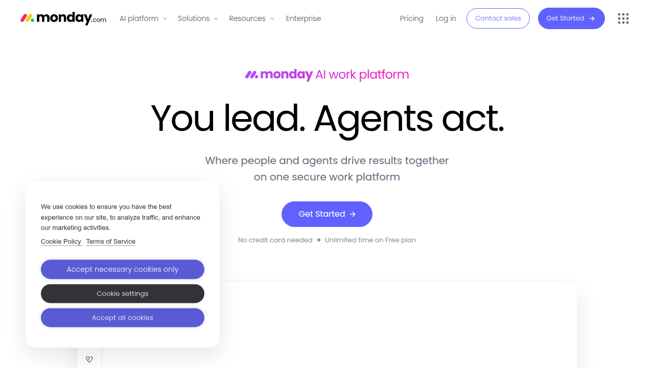 The homepage of monday.com, a platform often discussing sales methodologies and CRM tools.