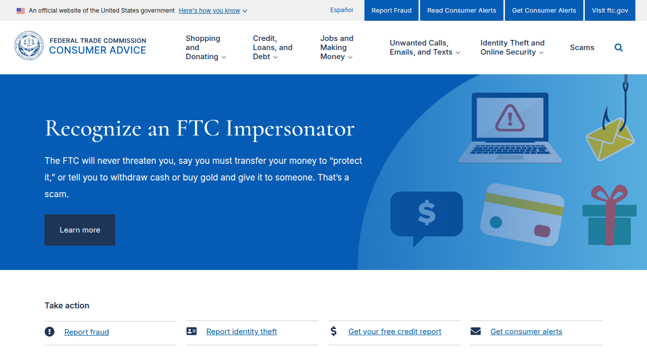 A screenshot of the Federal Trade Commission's consumer information homepage, a resource for understanding and avoiding job scams.