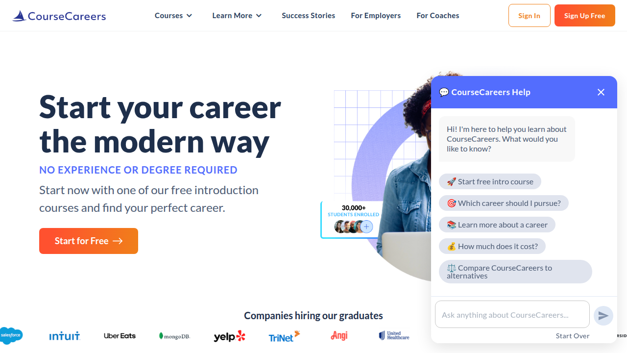 A screenshot of the CourseCareers homepage, a platform offering training and certifications for those new to tech sales.