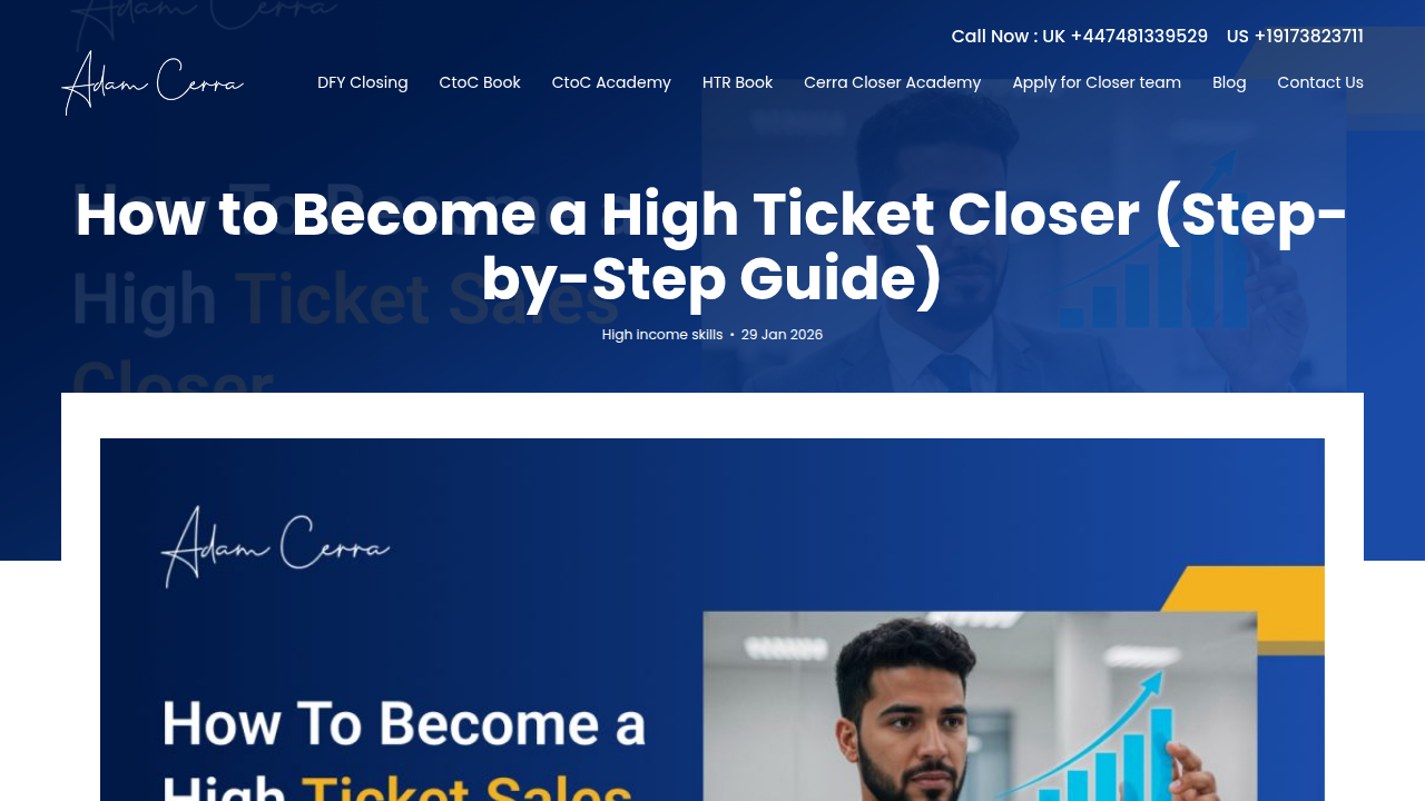 A screenshot of Adam Cerra's website, an expert resource for learning sales fundamentals and practical closing skills.